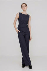 Stripe Asymmetric Sleeveless Top Straight Work Set
