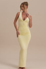 Sleeveless V Neck Ruched Back Slit Bodycon Party Dress