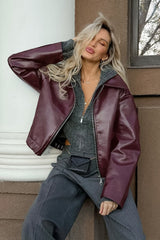 Retro Moto Burgunderfarbene Matte Lederjacke