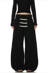 Black Double Button Deconstructed Wide Leg Pants