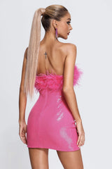 Paillettenbesetztes, schulterfreies, trägerloses Partykleid mit Kunstpelzbesatz