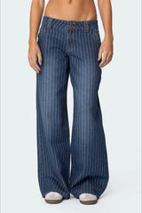 Hüftig geschnittene, gestreifte Vintage-Jeans mit weitem Bein