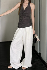 White Linen Blend Wide Leg Casual Pants