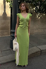 V Neck Flutter Sleeve Knit Top Maxi Skirt Set