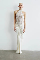 Neckholder-Rückenfreies, rückenfreies Partykleid mit Spitzeneinsatz und hoher Taille