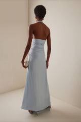 Elegant Blue Halter Deep V Backless Slit 3D Floral Party Dress