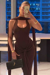 Silver Ribbon Backless Waist Cinch Maxi Bodycon Dress