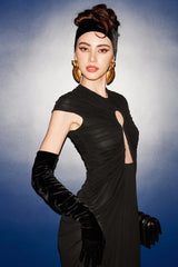 Schwarzes, figurbetontes Vintage-Abendkleid mit Mesh-Einsätzen