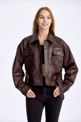 Cropped PU Notch Collar Jacket