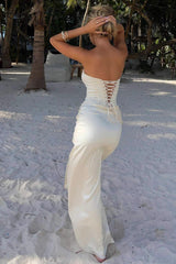 Elegantes, romantisches Maxikleid aus Satin mit Schlitz, schmal geschnitten, für Partys