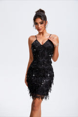 Pailletten-Quasten-Strass-Kleid mit V-Ausschnitt, ärmellos, Partykleid