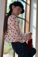 Süße Bluse mit Polka-Dots, Bindegürtel und langen Ärmeln