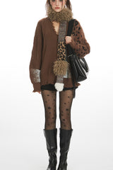 Strickjacke mit Leopardenmuster-Patchwork und V-Ausschnitt