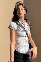 Bluse mit Polka-Dots, Schleifenakzent, Puffärmeln und Kragen
