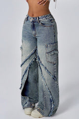 Weit geschnittene Jeans mit offenem Saum und Patchwork-Design, lockerer Schnitt