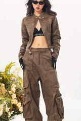 Used-Look-Wildleder-Motorradjacke mit Stehkragen