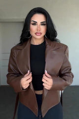 Sexy taillierte Lederjacke mit V-Ausschnitt und Bindegürtel