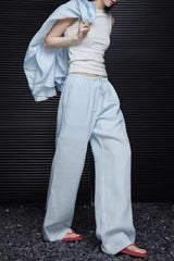 Blue Linen Relaxed High Waist Straight Pants