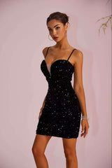 Spaghettiträger-Partykleid mit Paillettenbesatz, transparentem Schlitz