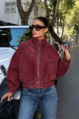 Burgundy Stand Collar Zip Jacket