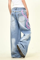 Oversized Washed Star Embroidered Straight Leg Jeans