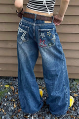 Oversized Washed Star Embroidered Wide Leg Jeans