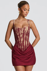 Square Neck Lace Print Ruched Patchwork Slip Dress