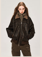 PU-Lederjacke mit Kragen aus Lammwolle