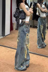 Used-Look Vintage Washed Lightweight Floor Jeans