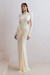 Langärmeliges, gerafftes, farblich abgesetztes, tailliertes Partykleid mit Cut-out