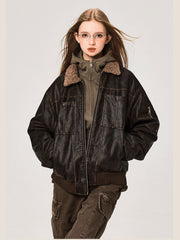 PU-Lederjacke mit Kragen aus Lammwolle