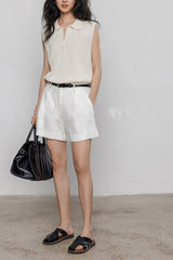 White Linen Cuffed Loose Fit Shorts Pants