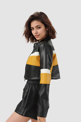 Sexy, kontrastfarbene Stehkragen-Jacke aus PU, schmal geschnitten, kurze Passform