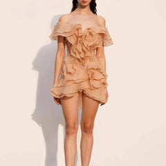 Schulterfreies Rüschenkleid mit Blumenmuster