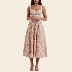 Geblümtes, tief ausgeschnittenes, rückenfreies Midikleid mit Trägern