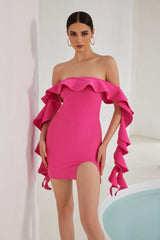 Nessa schulterfreies Mini-Bandagenkleid mit Rüschen - Rosa