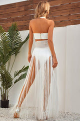 Kos Neckholder-Fransenkleid mit Bandagenrand – Weiß