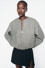 Faux Wool Short Zip Bomber Jacket