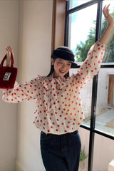 Süße Bluse mit Polka-Dots, Bindegürtel und langen Ärmeln