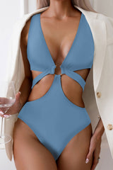 Solid Deep V Cutout Sexy Metal Buckle One Piece Swimwear