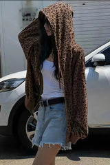 Retro-Kapuzenjacke mit Leopardenmuster und lockerem Reißverschluss
