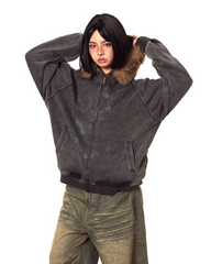 Vintage-Jacke mit Pelzbesatz und Reißverschluss