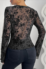 Deep V Floral Lace Bell Sleeve Top
