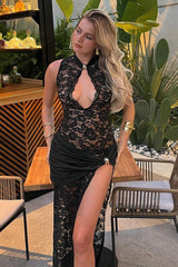 Lace High Split Sleeveless Lace Dress