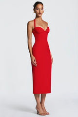 Solid Halter Neck Tie Back Midi Party Dress