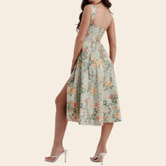 Blumenkleid mit tiefem Ausschnitt, A-Linie und Schlitz