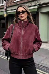 Burgundy Stand Collar Zip Jacket