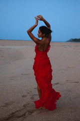 Chiffon Ruffle Open Back Split Slim Slip Dress