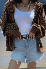 Retro-Kapuzenjacke mit Leopardenmuster und lockerem Reißverschluss