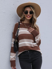Kaffeefarbener, gestreifter Langarmpullover 